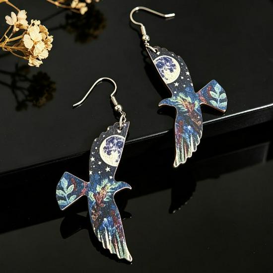 New Eagle Print Night View Wooden Earrings – Stylish and Versatile Fashion Accessories
