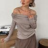 Autumn New One-word Shoulder Spice Girl Top Women's High-end Sense Solid Color French Halter Slim Slim Long-sleeved Knitted Sweater