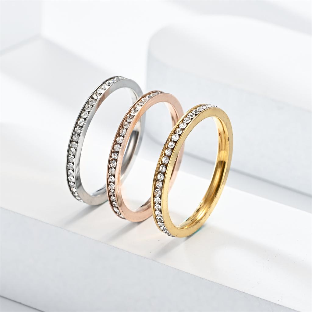 2025 2mm Iced Out Cubic Zirconia Ring Female Gold copper Color Stainless Steel Wedding Rings for Women Fashion Zircon Gift