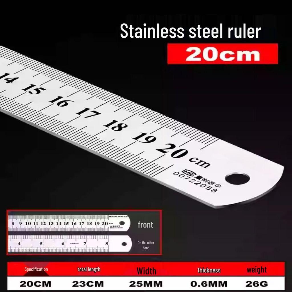 Riglă din Oțel Inoxidabil Față-Verso, Îngroșată pentru Desen Studențesc, Disponibilă în 15/20/30/50 cm și 1 Metru