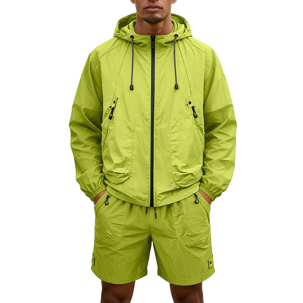 Men's Quick Dry Hooded Jacket and Shorts Set Lightweight Breathable Sun Protection Outdoor Sportswear Long Sleeve Zip Up Windbreaker