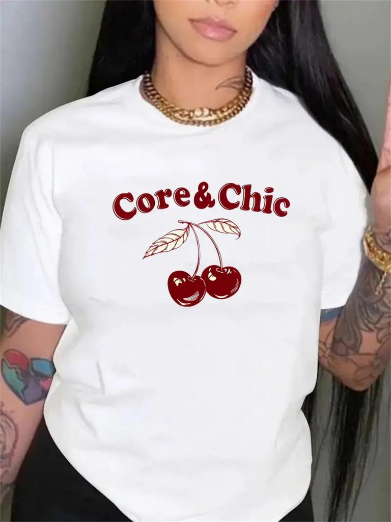 Cherry Print Womens Tshirt Women Loose Comfortable Tee Red Cherries Graphic Daily Streetwear Fashion Soft Top T Shirt
