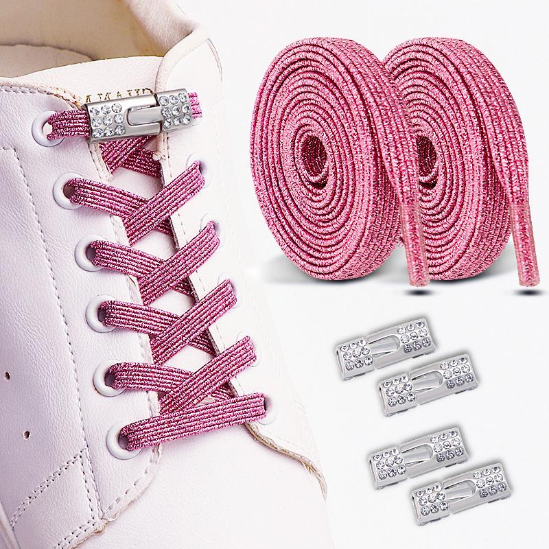 2 Paia di Lacci per Scarpe Elastici Glitterati - Lacci Elastici Colorati Senza Nodo - Accessorio per Scarpe con Fermagli a Croce Diamantati Bling per Indossarli Facilmente