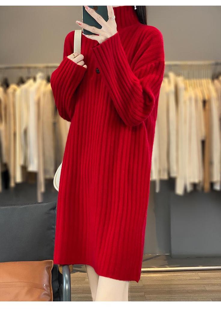 Petite Women's Wool Knit Dress with Half-High Neck - Mid-Length for Autumn/Winter