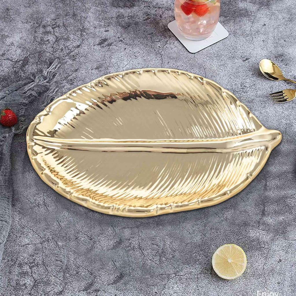 Decorative Gold Leaf  Plate Dish Porcelain Candy Trinket Dish Jewelry Fruit Serving Tray Storage Plate Crockery Tabl