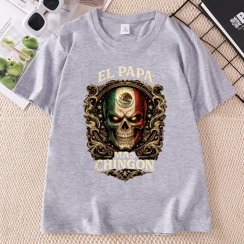 El Papa Mas Chingon Graphic T Shirts Mexican Skull Flag Design Cotton T Shirt Unisex Unisex Printed Round Neck Short Sleeve Soft