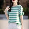Pure Cotton Rainbow Striped Round Neck Short-sleeved T-shirt for Women In Summer Korean Style Loose Design Casual Knitted Sweater Top
