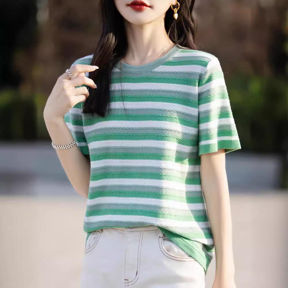 

Pure Cotton Rainbow Striped Round Neck Short-sleeved T-shirt for Women In Summer Korean Style Loose Design Casual Knitted Sweater Top XXL зелений