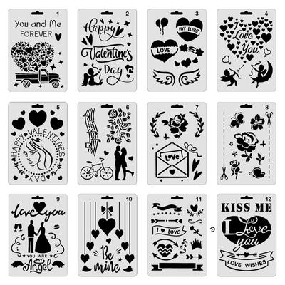 12Pcs Valentine's Day Decorative Stencil PET Painting Template for Painting On Paper Canvas Wood Plastic Wedding Party Decor