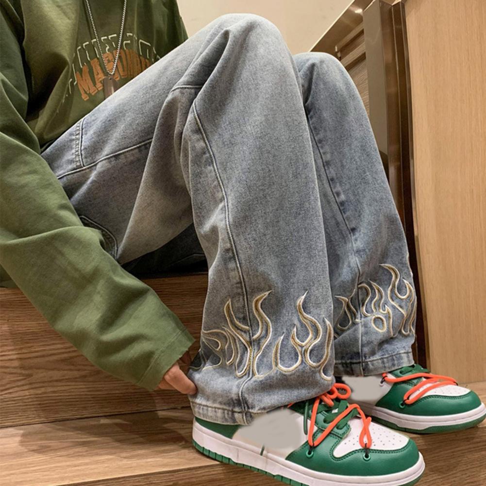 Muži Ležérní Džíny Flame vzor Velké kapsy Dlouhé kalhoty Rovné Široké nohavice High Street Distressing Denim Kalhoty