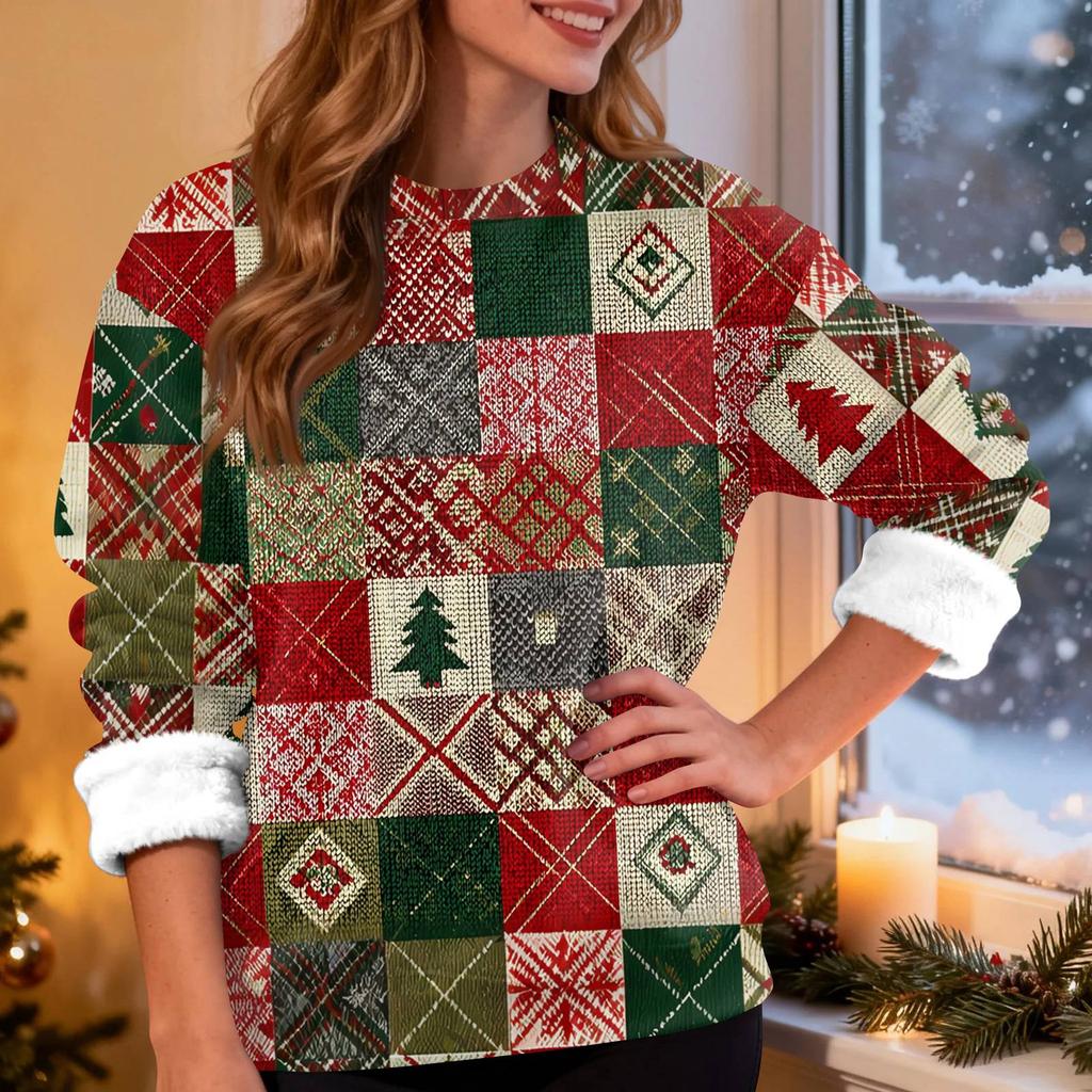 Women's Fashion Casual Long Sleeve Christmas Printed Round Neck Top Sweatshirt