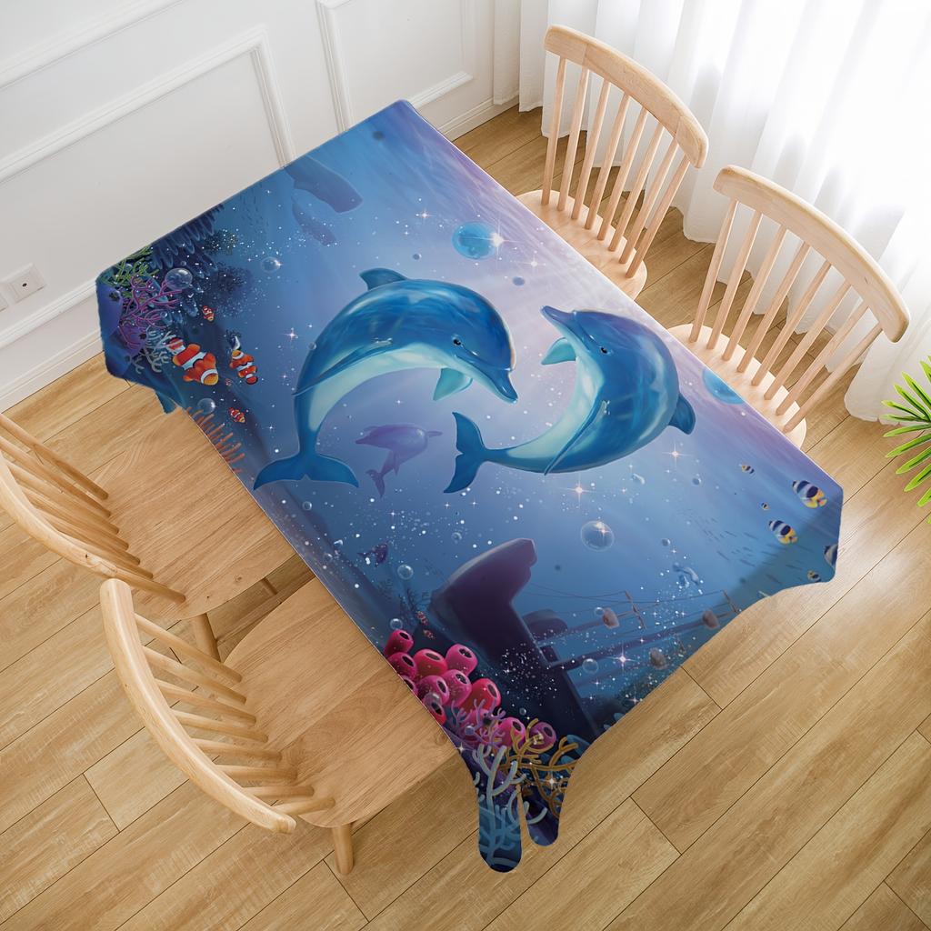 1pc Ocean-Themed Rectangular Tablecloth with Vibrant Dolphin & Coral Reef Design - Durable Polyester Fabric for Indoor/Outdoor Use, Kitchen Dining Dec