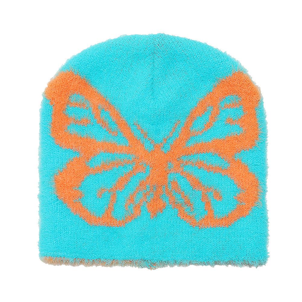 Herbst und Winter Damen Strickwollmütze kältebeständig und warm Skimütze Schmetterlingsjacquard Imitation Nerzfell Pullovermütze Damen