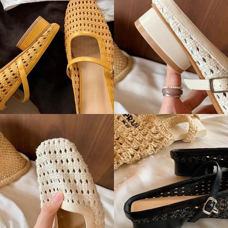 Sheepskin Grape Mother Baotou Slippers Women's Retro Woven Hollow Square Head One-word Thick Heel Muller Half-drag Empty Single Shoes