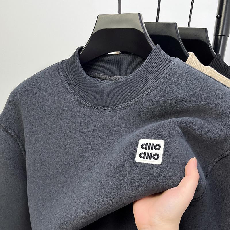 Men's Heavyweight Alpaca Wool Hoodie with Velvet Lining, Fleece-Lined, Versatile Round Neck Base Layer Shirt