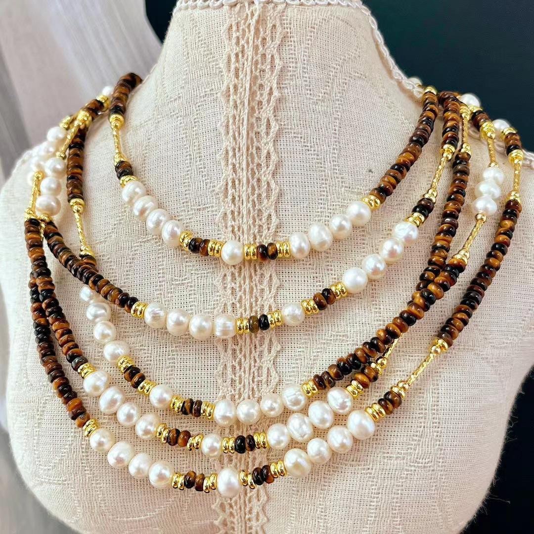 Vintage Maillard Autumn And Winter Natural Tiger S Eye Stone Atmosphere Natural Freshwater Pearl Collarbone Chain Necklace