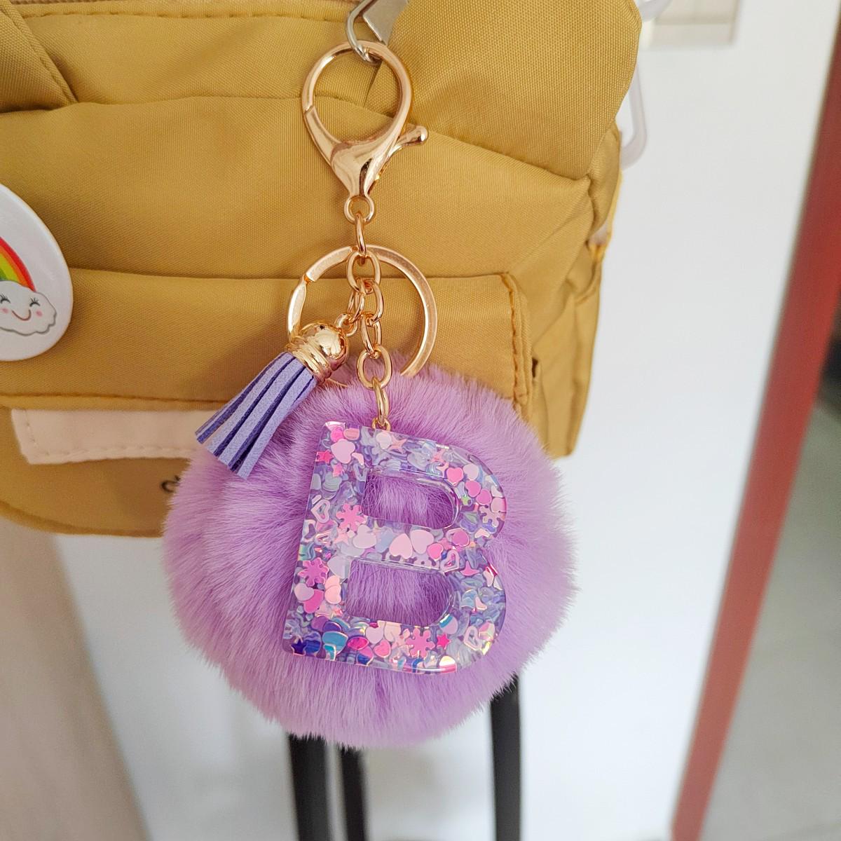 Purple Pom-Pom Tassel Keychain with Colorful Resin Drip Letter Pendant