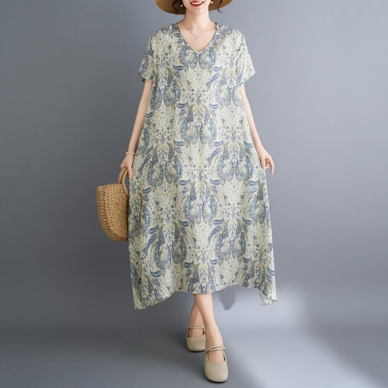DIMANAF New 2026 Women Plus Size Summer Beach Long Dress Sundress Loose Casual Maxi Lady Floral Vintage Print Dress