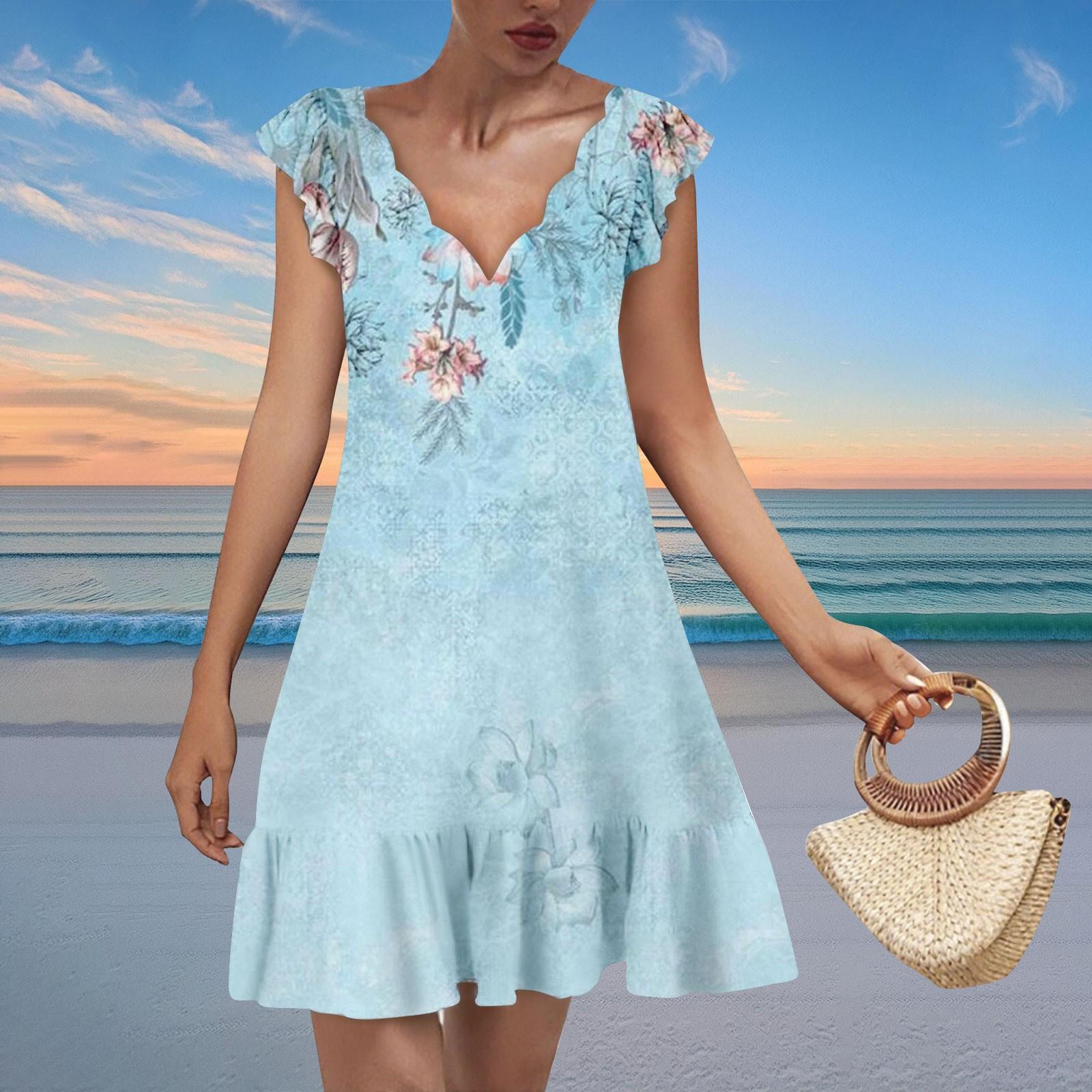 

Женское модное повседневное платье с V-образным вырезом и волнистым краем с цветочным принтом и коротким рукавом XL небесно-голубой