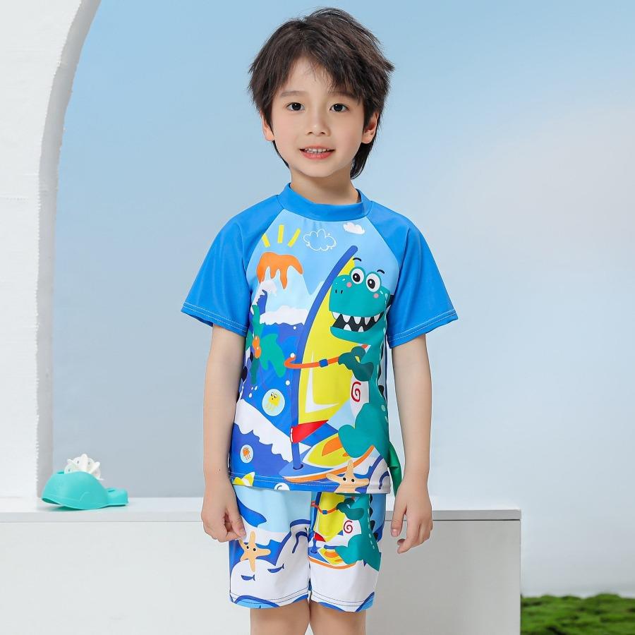 Children's Quick-Dry UPF Sun Protection Swim Set: Boys' Short-Sleeved Swimsuit and Baby Diving/Surfing Suit