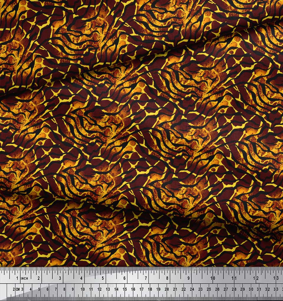 Soimoi Red Poly Crepe Fabric Tiger & Ziraffe Animal Skin Decor Fabric Printed Metre 42 Inch