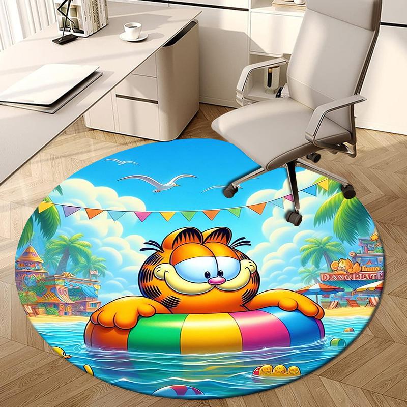 1pc Garfield At the Beach with Inflatable Ring. Round Carpet, Made of Polyester,Perfect for Decorating Office Chairs, Living Rooms Fplt766