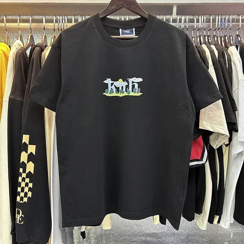 KITH FW ONeck Eurocode  Oversize Printing Cotton White Apricot High Quality T Shirt Breathable Short Sleeve Hip Ho