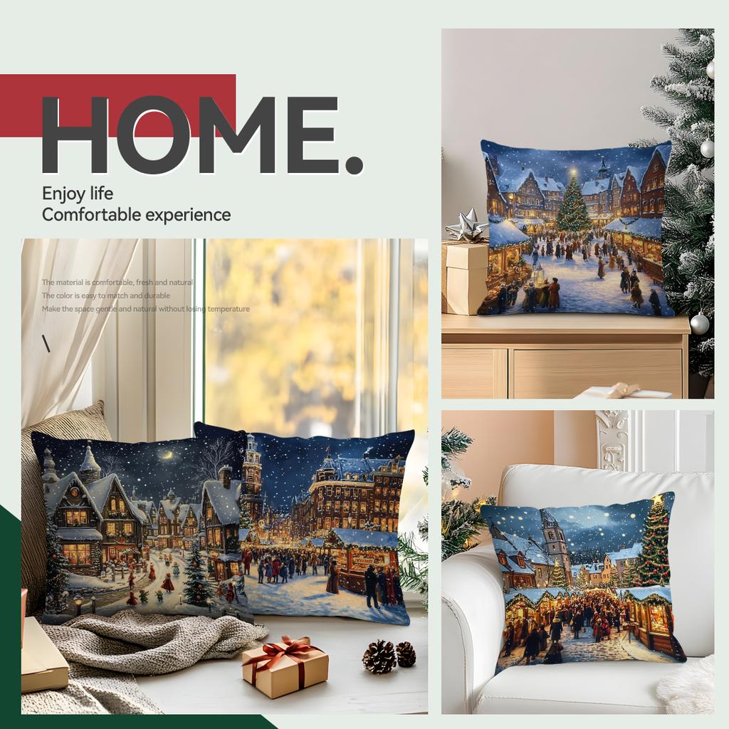 Christmas City Night View Cushions Pillowcase Polyester Cushion Cover Throw Pillow Pillowcover Home Car Sofa Decor