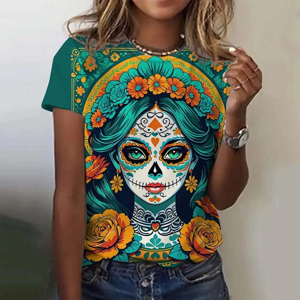 Girls' short sleeve women's T-shirt, casual sexy summer Day of the Dead skeleton pattern loose top.