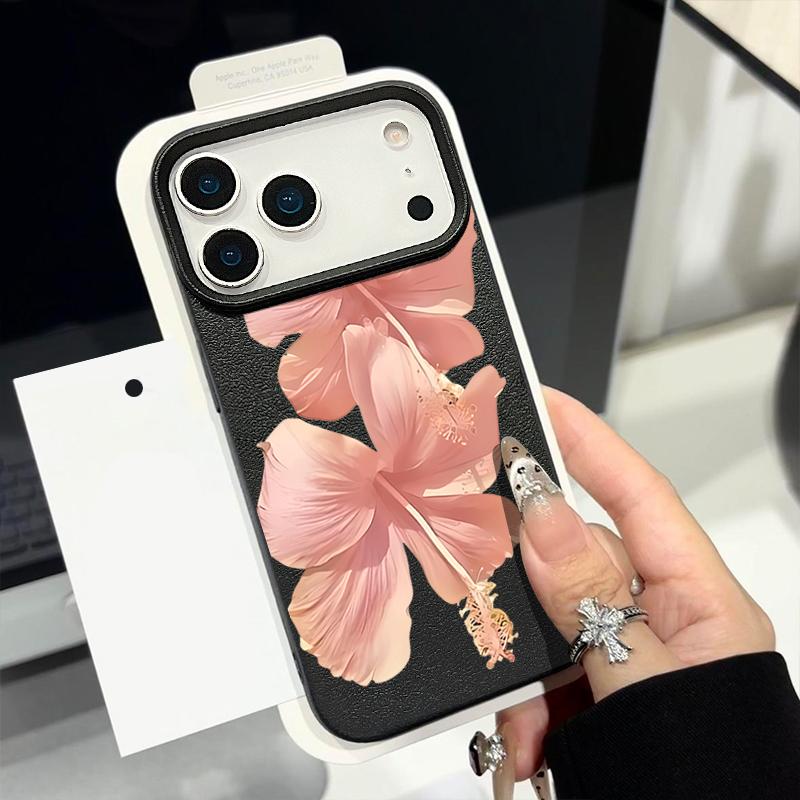 Pouzdro Pro iPhone 17 Pro Max Růžový vzor ibišku Kožená textura Silikonový kryt Pro iPhone 16 Pro Max 15 14 13 12 11 Air 16E