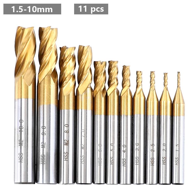 1.5-10mm End Mill Set 7pcs/11pcs 4 Flutes Titanium Coated High Speed Steel CNC Mill Cutter Tool for Wood Metal Steel