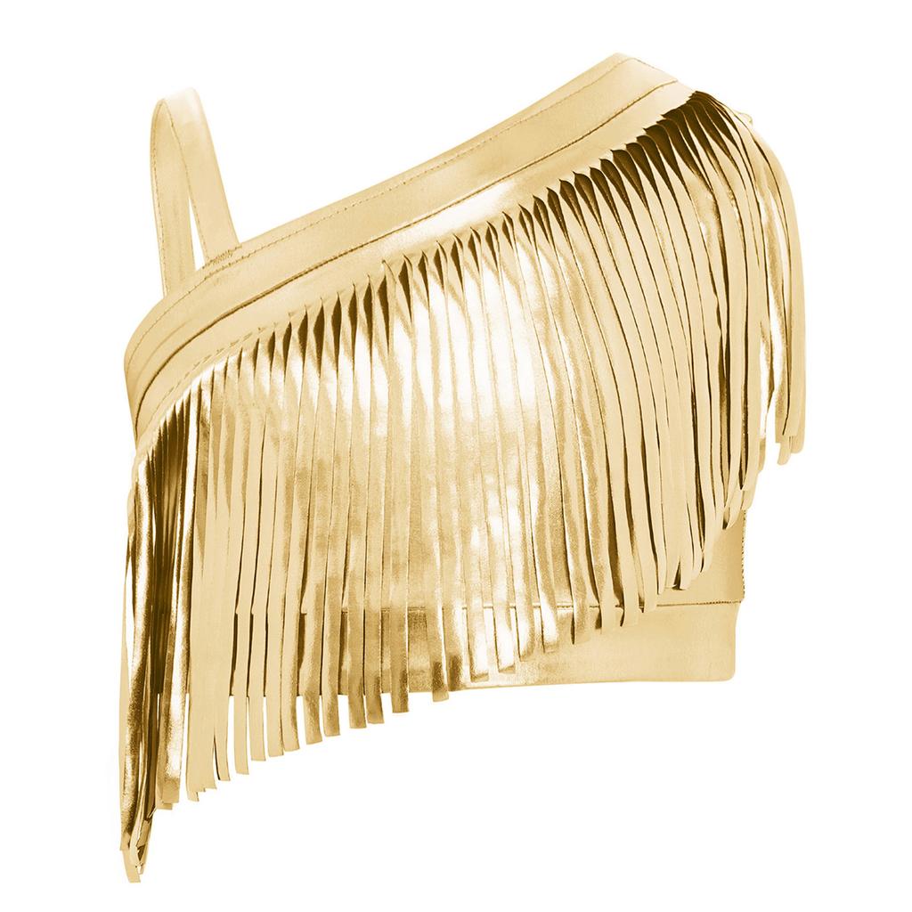 Mädchen Jazz Dance Crop Top Asymmetrische Schulter Metallische Quasten Tanzbekleidung