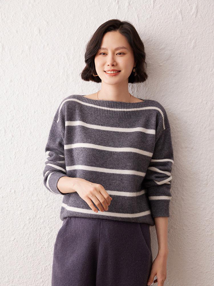 Women's One-Shoulder Cashmere Sweater: Black & White Striped, Round Neck, Long Sleeve, Casual, Loose-Fit, Skin-Friendly, Versatile for Autumn/Winter