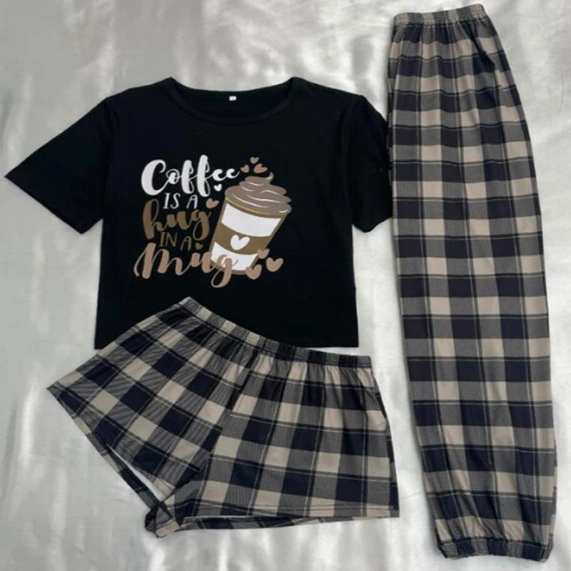 Sutli ipak 3 qismli pijamalar to'plami Ayollar Multfilm Kletkali Print Qisqa Yengli Yevropa Uslubidagi Uy Kiyimi Pijama Shortiklar Uxlash Shimlar Yozgi
