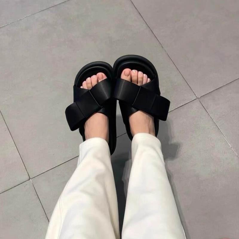Sheepskin version~ summer new bow thick-soled casual sandals lazy slippers women's super soft-soled outer wear one-word drag