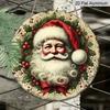 [Holiday Home Decor] 2D Flat, 1pc Vintage Santa Claus Metal Wall Decor - Round Durable Aluminum Easy-to-Hang Decor Plaque, Adorned with Holly