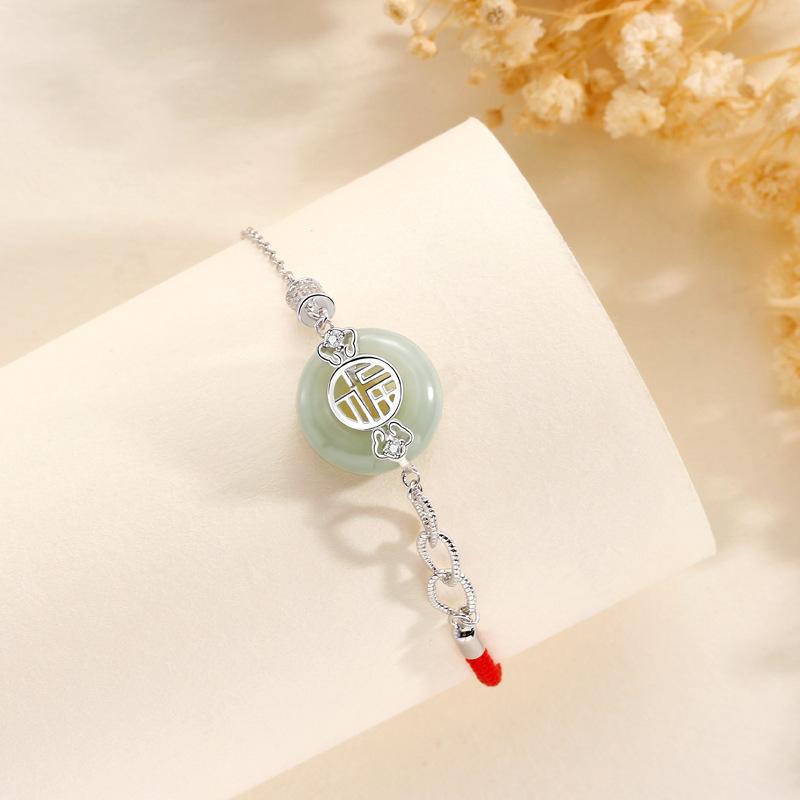 Small waist lucky safety buckle Hetian jade bracelet women Guochao new Chinese style lucky character red rope hand rope women