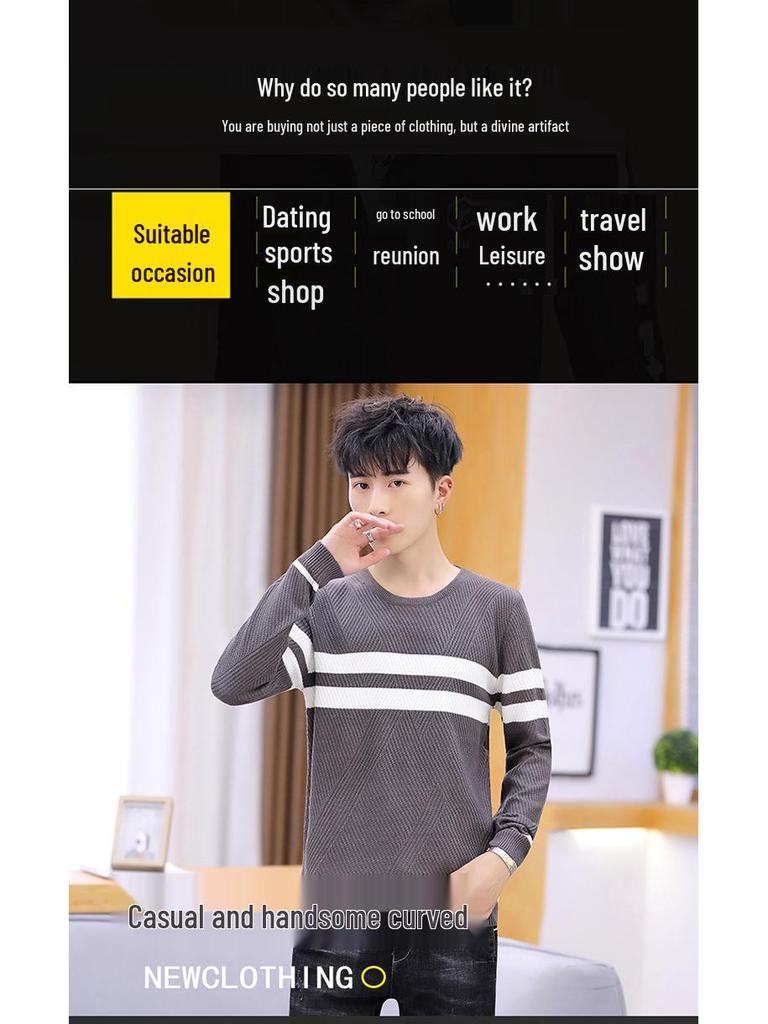 Autumn 2020 Men's Slim Fit Korean Style Round Neck Knitted Pullover Sweater - Fashionable Long Sleeve Base Shirt