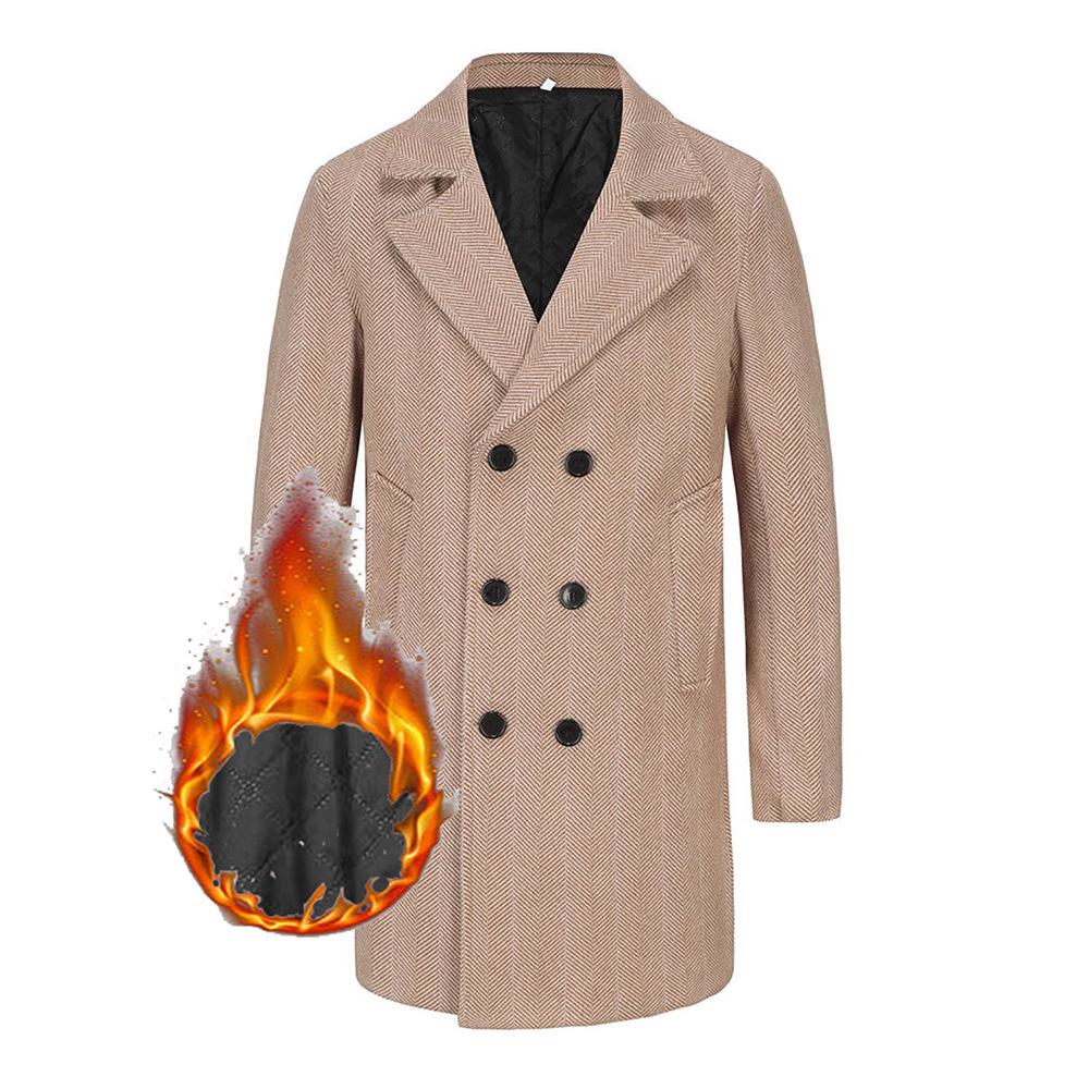 Men's Mid-Length Plaid Wool Coat - Double-Breasted, Cotton-Padded Jacket