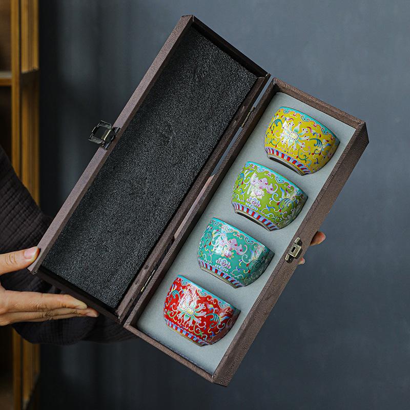 999 silver teacup ceramic ******lver personal single cup master tea cup tea cup tea bowl four-color gift box containing white porcelain