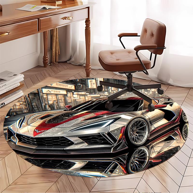 Chevrolet Corvette Desenli Yuvarlak Halı, İç/Dış Mekan Paspası, Piknik, Oyun Odası, Yatak Odası, Ofis, Oturma Odası, Ev Dekorasyonu Halısı, Doğum Günü Hediyesi