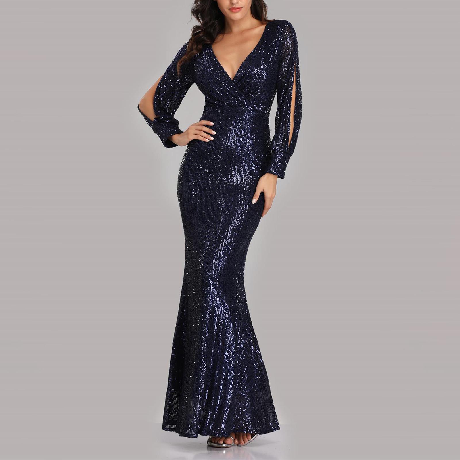 

Женское сексуальное вечернее платье русалки с длинным рукавом и v-образным вырезом с блестками M тёмно-синий