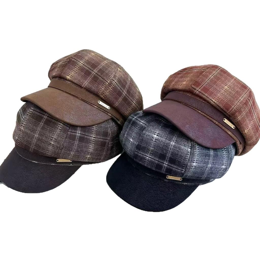 New PU leather brim plaid octagonal hat children autumn and winter travel temperament beret retro casual newsboy hat