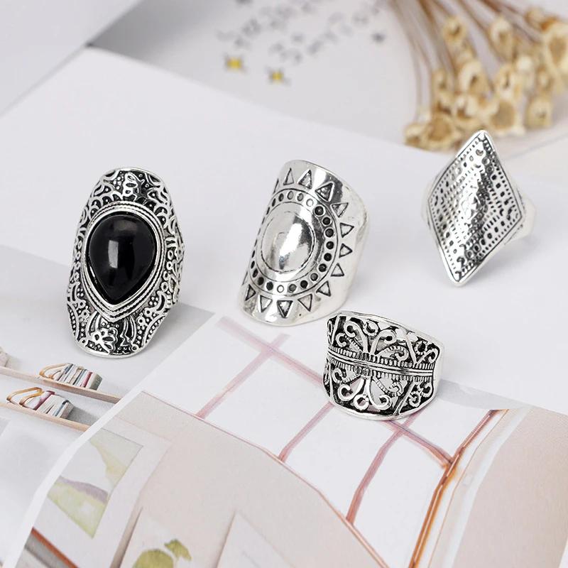 Zigeuner Ethnischer Stil Vintage Goth Silberfarbe 4 Stück/Set Blätter Dreieck Edelstein Kristall Midi Knöchelringe Für Frauen