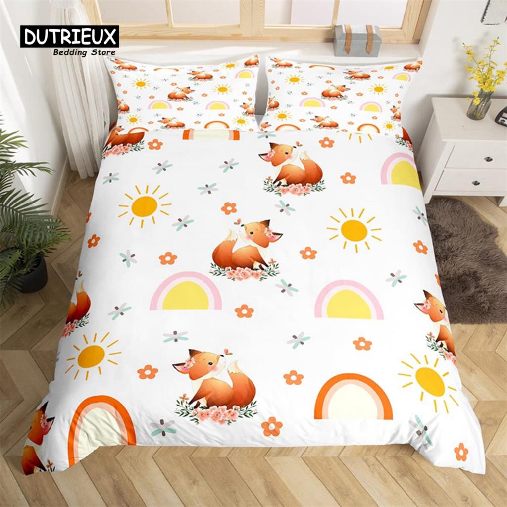 Cartoon Animal Duvet Cover Set Giraffe Elephant Sloth Tiger Zebra Monkey King Bedding Set Floral Lovely Animal Print Quilt Cover