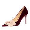 Spring Autumn New Banquet Wedding High Heels Shoes Suede Fine Heels Shallow Mouth Pointed Flower Decorative Women's Single Shoes