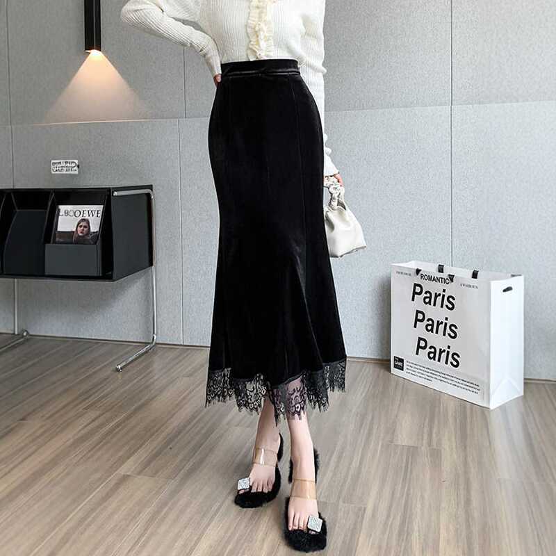 Golden Velvet Skirt Women's Autumn New Korean Version of the Pendant Feeling Hip Skirt High Waist and Thin Lace Fishtail Skirt