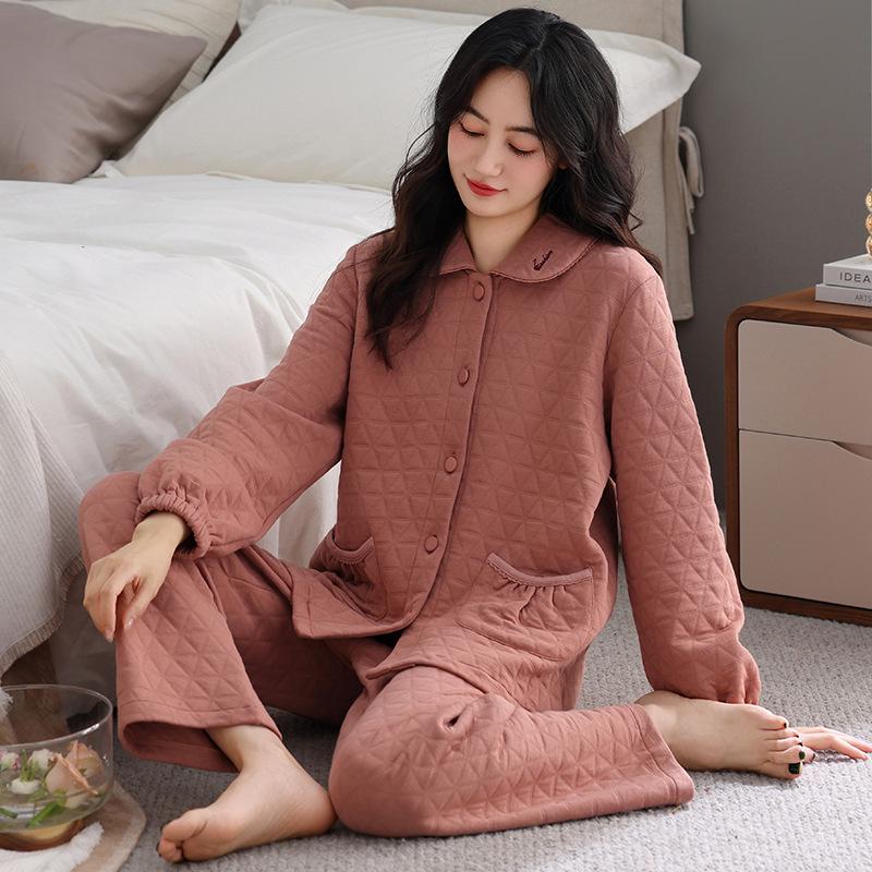 Autumn and Winter Thickened Pure Cotton Pajamas Female Middle-aged Mother Cotton Long-sleeved Loungewear Warm Thin Padded Sandwich Set
