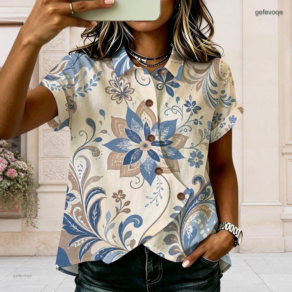 Women Plus Size Paisley Floral Printed Shirt Collared Short Sleeve Button Front Blouse