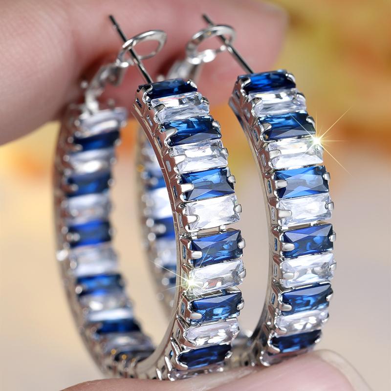

Модные геометрические квадратные серьги-кольца с кубическим цирконием ярко-синего и белого цвета для женщин, роскошные украшения для вечеринок серебряный/синий